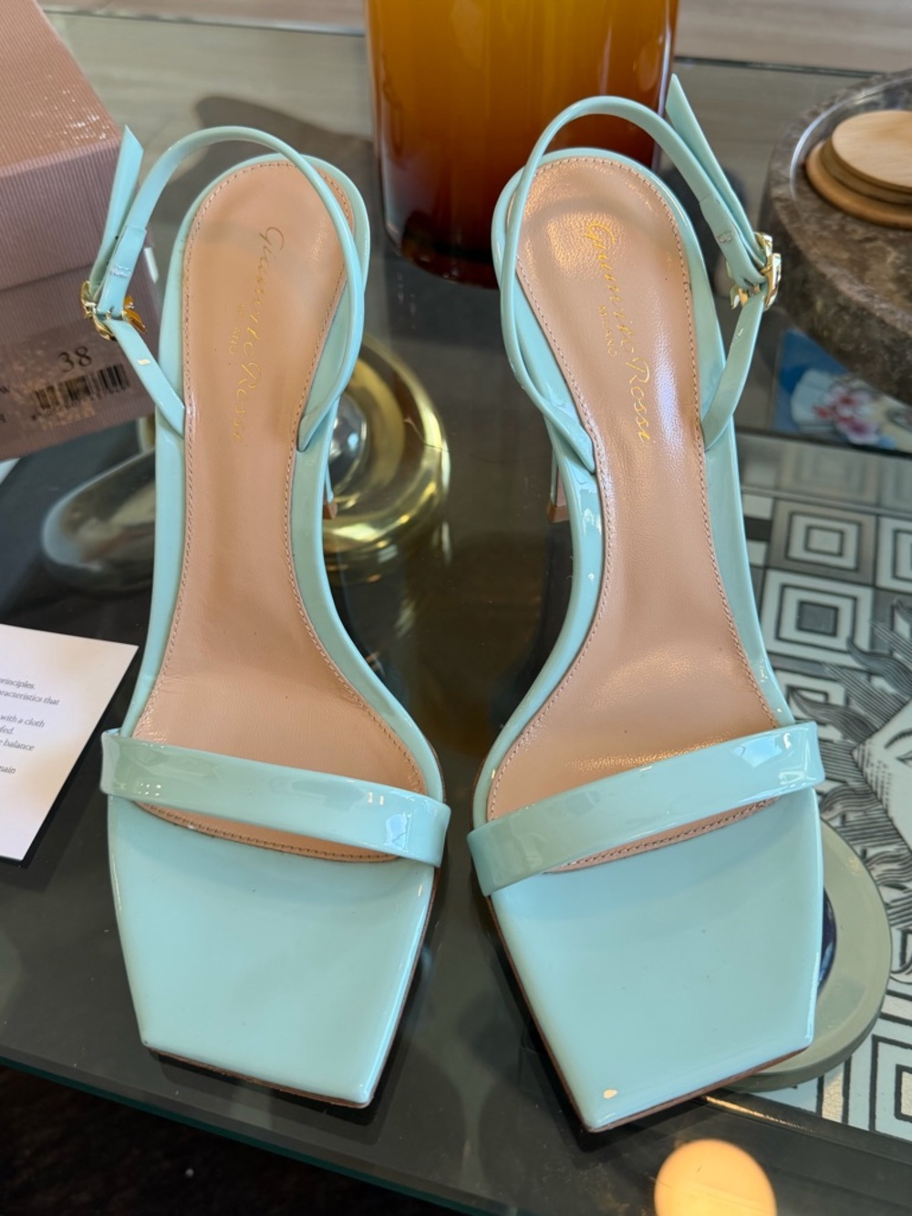 Gianvito Rossi Vernice Patent Ribbon Bora Slingback Stiletto Sandals in Mint 38 - Picture 2 of 15